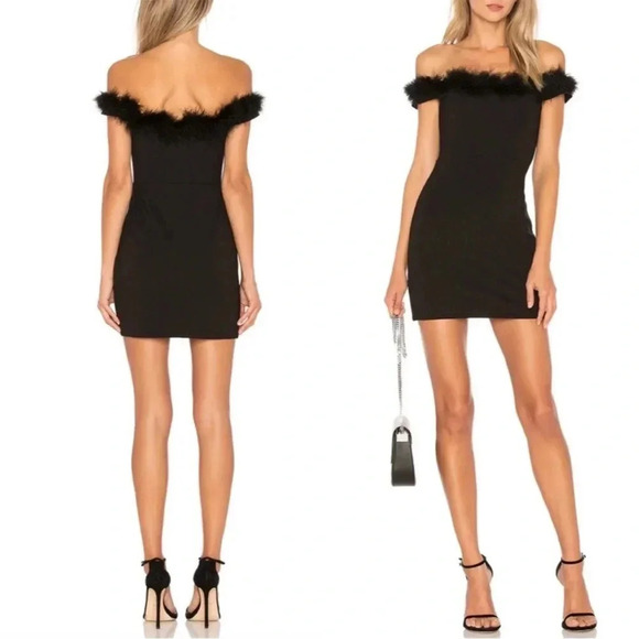 Revolve NBD Marisol black off the shoulder feather trim mini dress